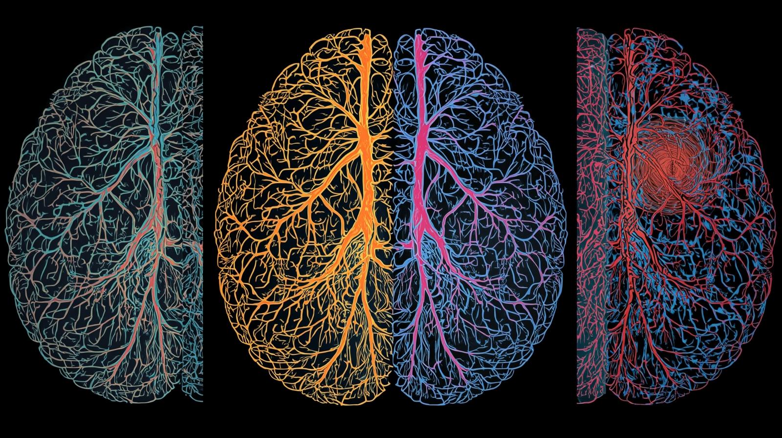 4つのドーパミン経路の解剖学的位置と機能を示す脳の模式図
