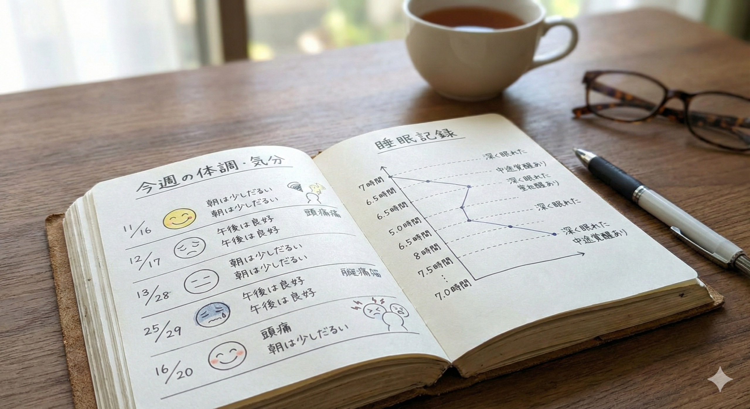 手帳やノートに毎日の体調・気分・睡眠を記録しているイメージ