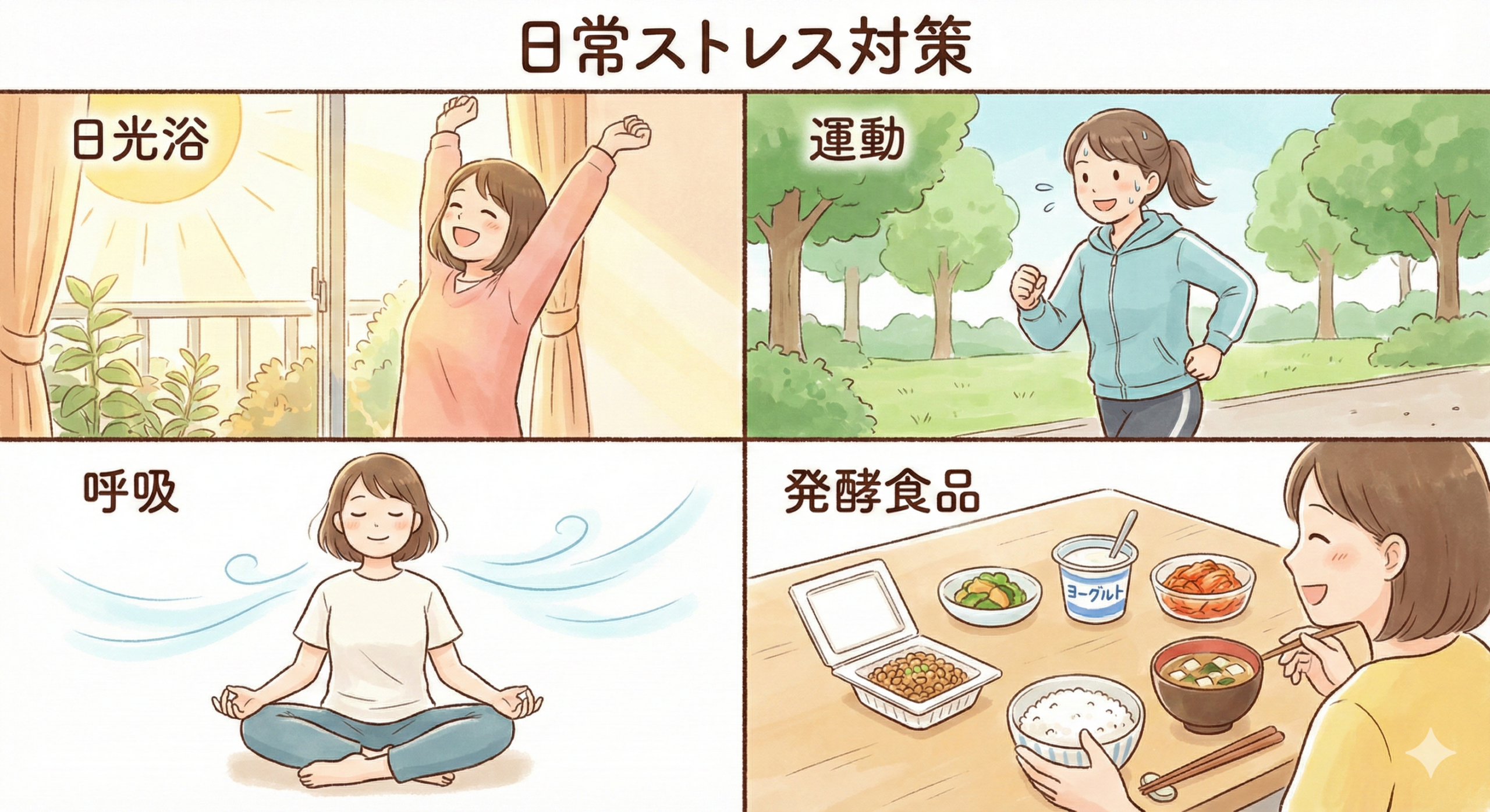 セロトニンを増やす生活習慣（朝の日光浴・ウォーキング・深呼吸・腸内環境改善）のイラスト
