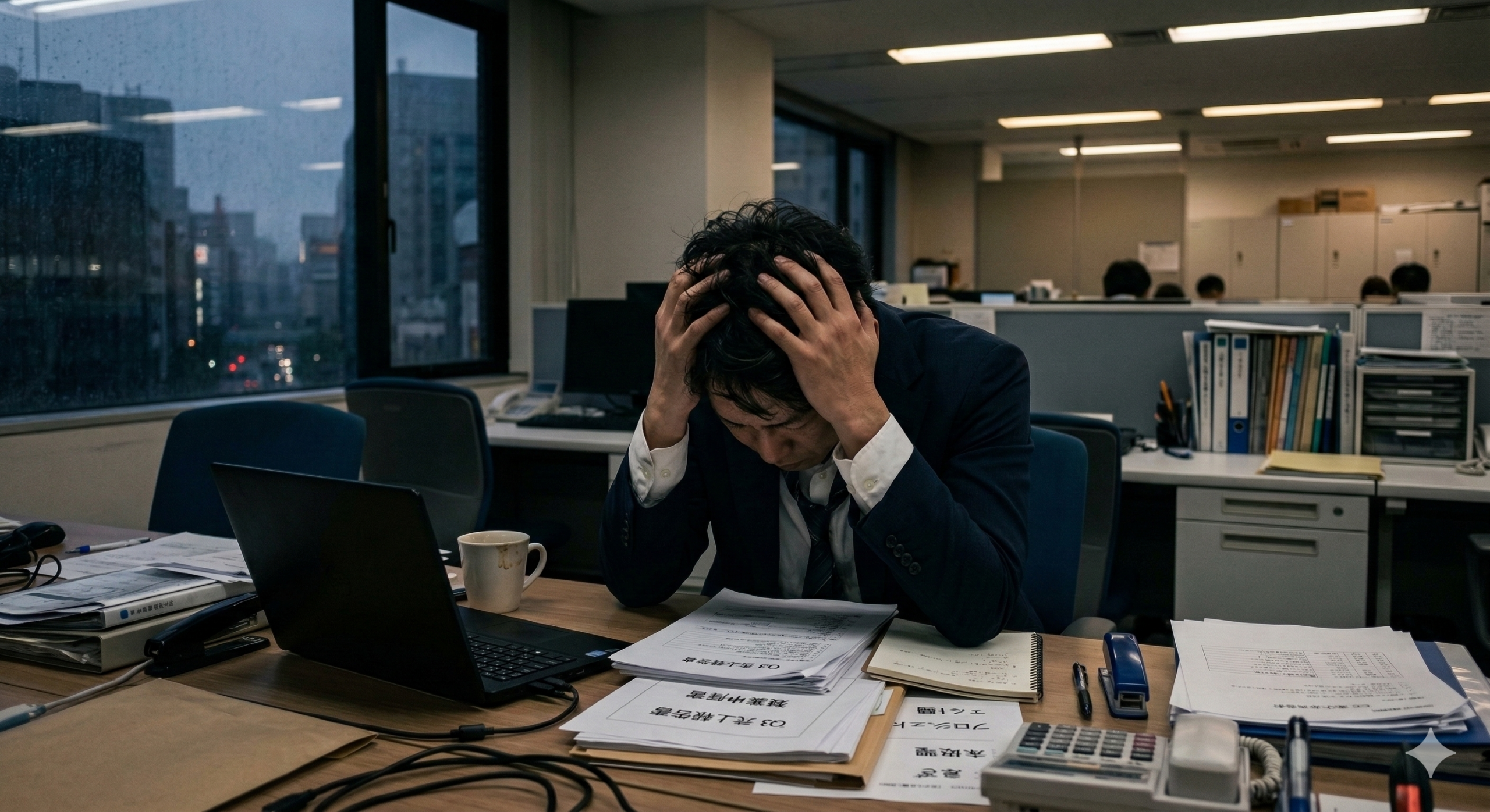 仕事のストレスで疲弊し、休職を考えている会社員のイメージ