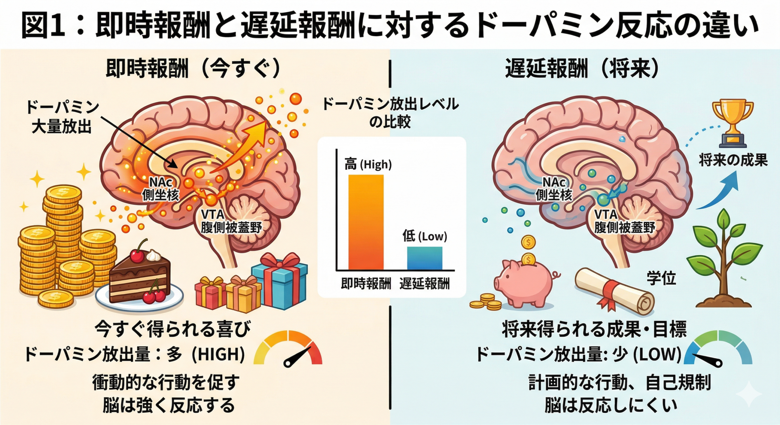 即時報酬と遅延報酬に対するドーパミン反応の違いを示す比較図