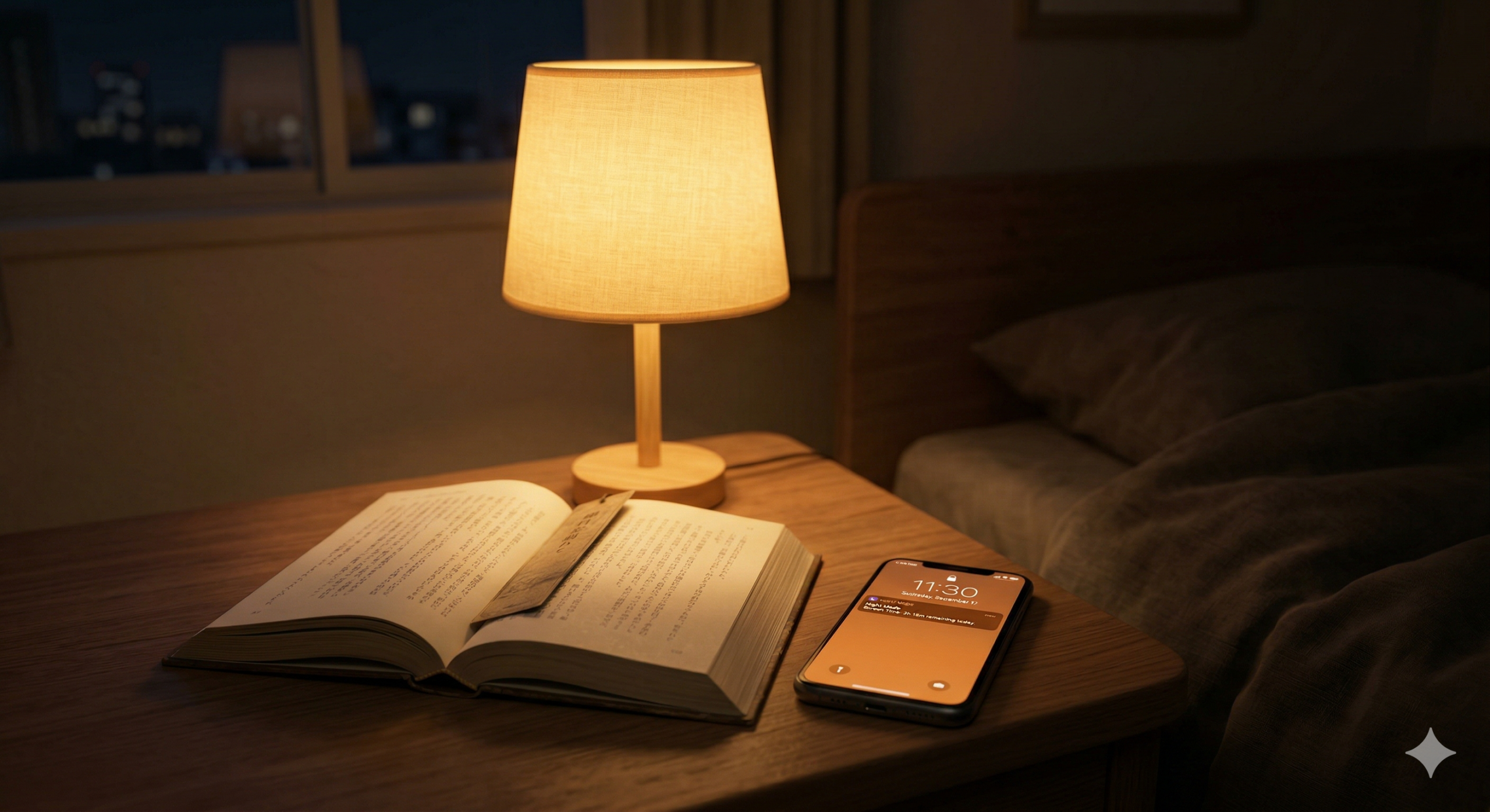 夜間にナイトモード（暖色）に設定されたスマートフォンと読書灯のある寝室