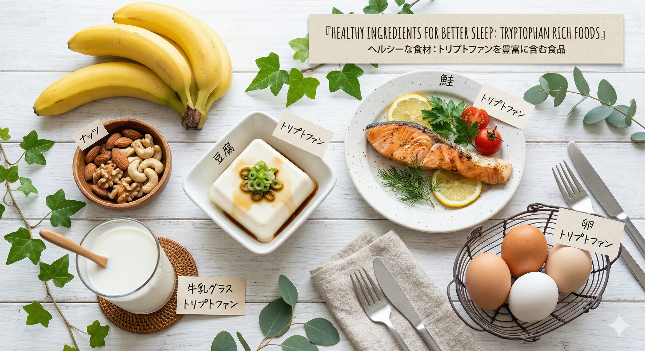 バナナ・豆腐・卵・牛乳・ナッツなどトリプトファンを多く含む食品を並べた俯瞰写真