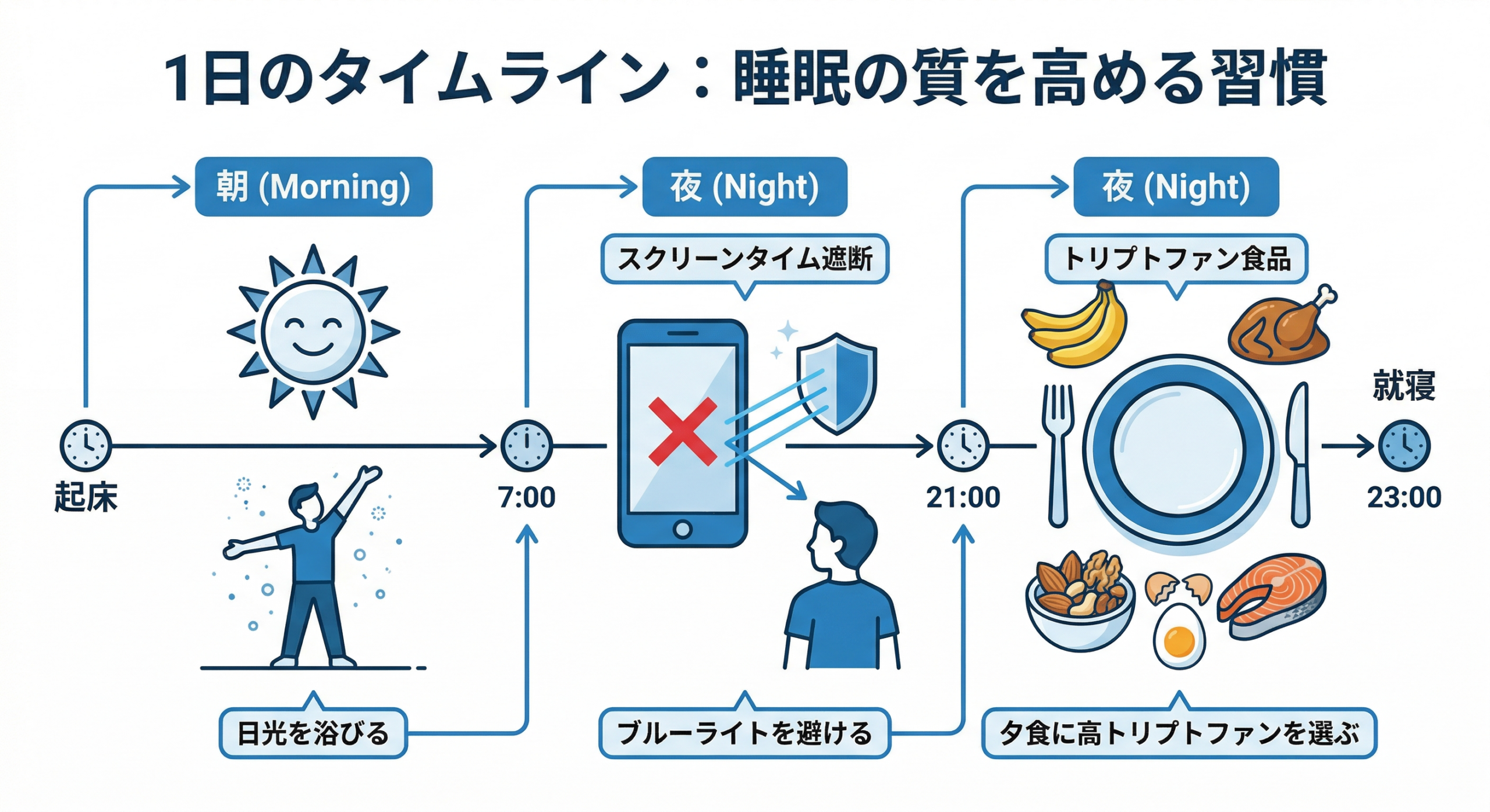 睡眠改善3ステップの1日の実践タイムライン図